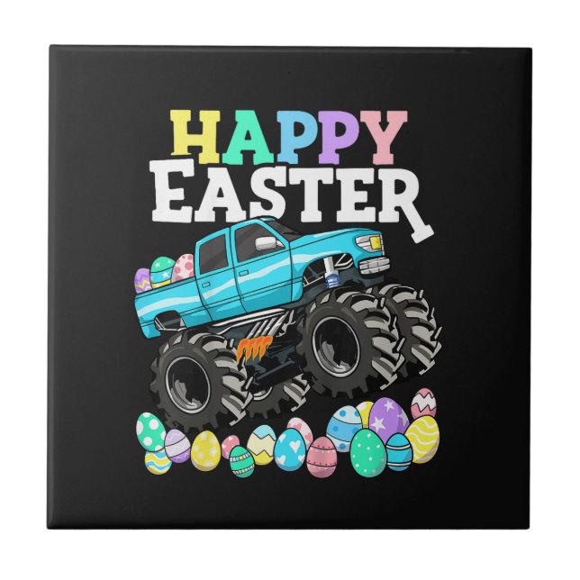 Happy Easter Monster Truck Easter Eggs Ceramic Tile (Front)