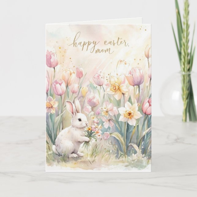 Happy Easter Mum White Bunny Folded Holiday Card (Front)
