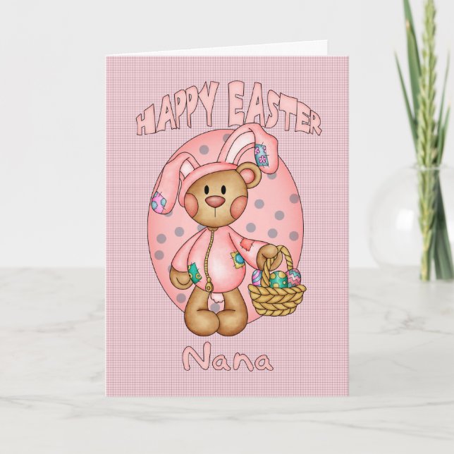Happy Easter - Nana - Cute Teddy Bear In Bunny Cos Holiday Card (Front)