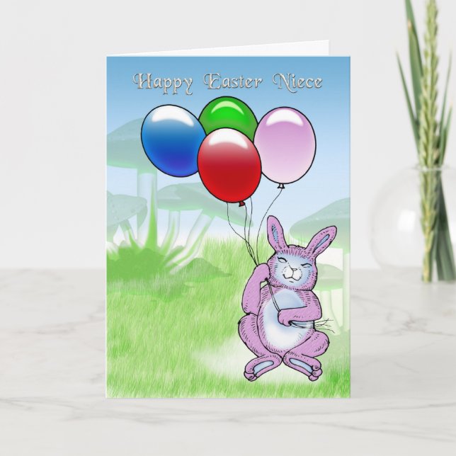 Happy Easter Niece with rabbit and balloons Holiday Card (Front)