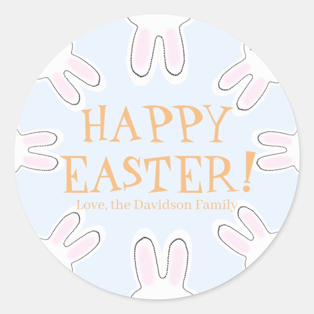 Happy Easter orange blue custom cute bunnies funny Classic Round Sticker (Front)
