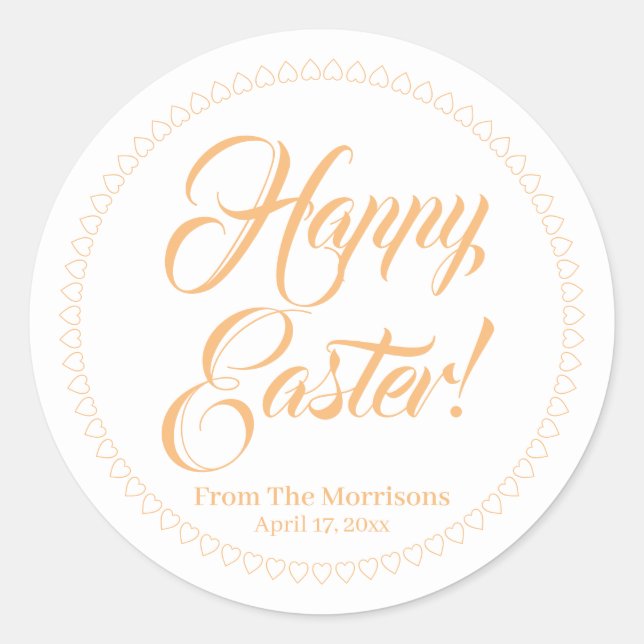 Happy Easter orange hearts border custom script Classic Round Sticker (Front)