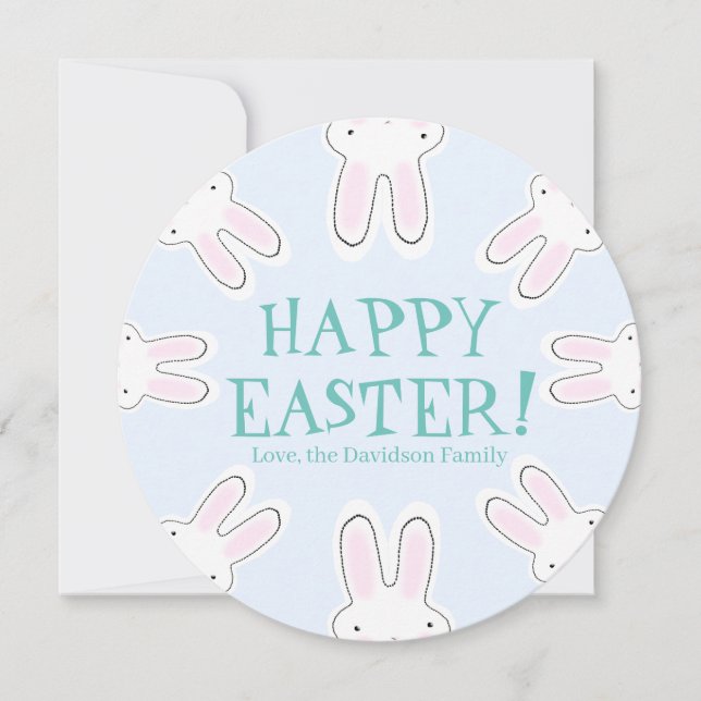 Happy Easter pale blue cute funny bunnies custom Holiday Card (Front)
