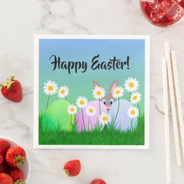 Happy Easter Paper Napkin Bunny Eggs Cute Colourfu (Insitu)