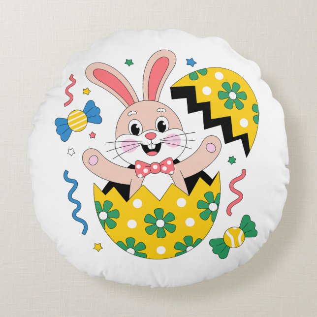 Happy Easter Party Bunny Popping Out of Egg  Round Cushion (Front)