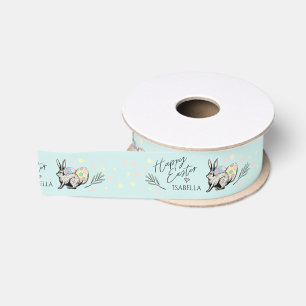 Happy Easter Pastel Colours Bunny & Eggs Grosgrain Ribbon