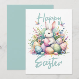 Happy Easter pastel Easter Bunny Egg watercolor Holiday Card