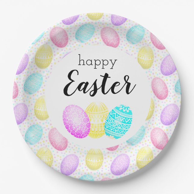 Happy Easter Pastel Egg Pattern Paper Plate (Front)