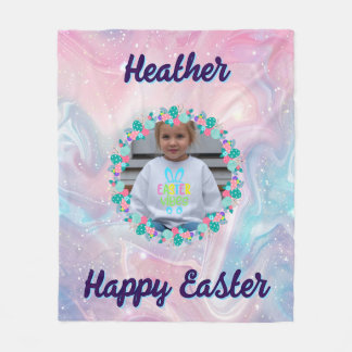 Happy Easter Pastel Floral Custom Kid Photo Name Fleece Blanket