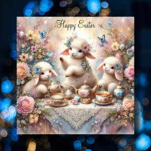 Happy Easter Pastel Floral Lamb Tea Party Holiday Card