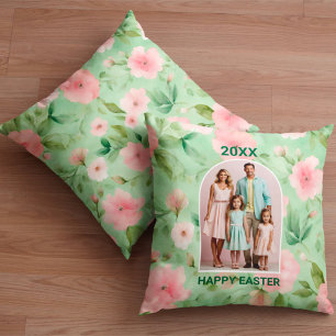 Happy Easter Pastel Pink & Green Floral Photo Cushion
