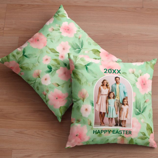 Happy Easter Pastel Pink & Green Floral Photo Cushion (Creator Uploaded)
