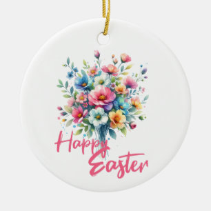 Happy Easter pastel pink spring flower bouquet  Ceramic Ornament