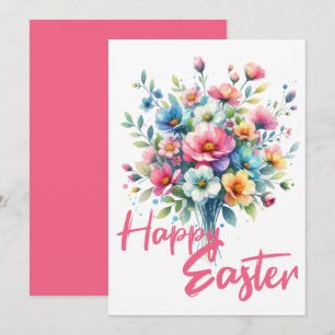 Happy Easter pastel pink spring flower bouquet Holiday Card