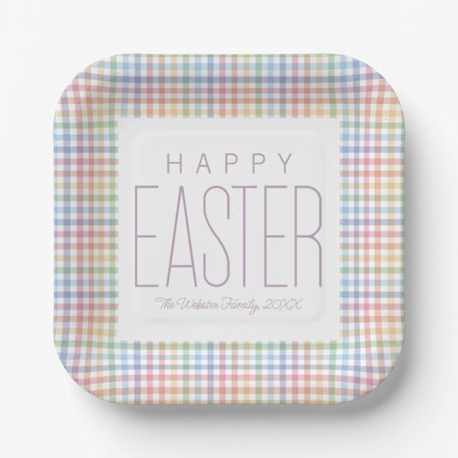 Happy Easter pastel plaid customisable spring Paper Plate (Front)