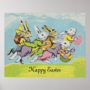 Happy Easter Pastel Running Rabbits Poster