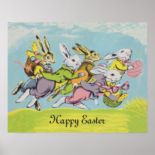 Happy Easter Pastel Running Rabbits Poster (Front)