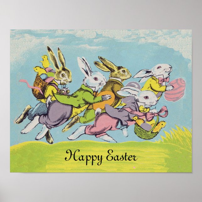 Happy Easter Pastel Running Rabbits Poster (Front)