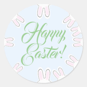 Happy Easter pastel script cute funny bunnies Classic Round Sticker
