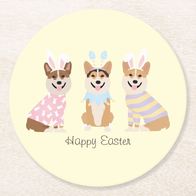 Happy Easter Pembroke Welsh Corgi Dogs Round Paper Coaster (Front)