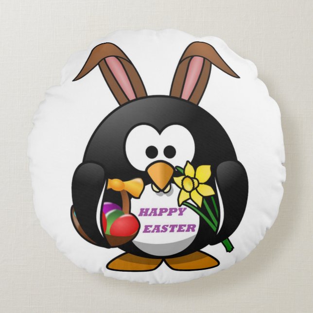"HAPPY EASTER" PENGUIN BUNNY ROUND CUSHION (Front)