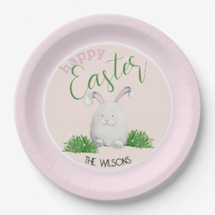 Happy Easter Pet Bunny Watercolor Illustration Paper Plate