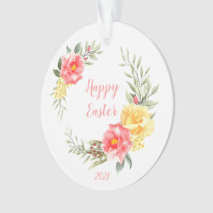 Happy Easter Pink and Yellow Roses Ornament
