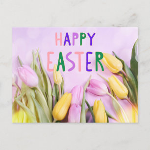 Happy Easter Pink and Yellow Tulip Flowers Postcard