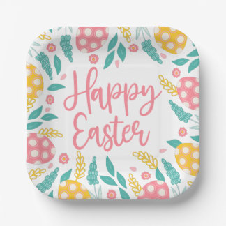 Happy Easter | Pink Aqua Easter Eggs Foliage Paper Plate