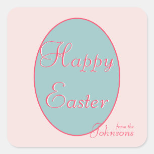 Happy Easter Pink Blue Easter Egg Family Name Square Sticker