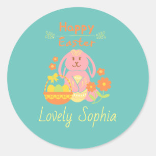 Happy Easter Pink Bunny Classic Round Sticker