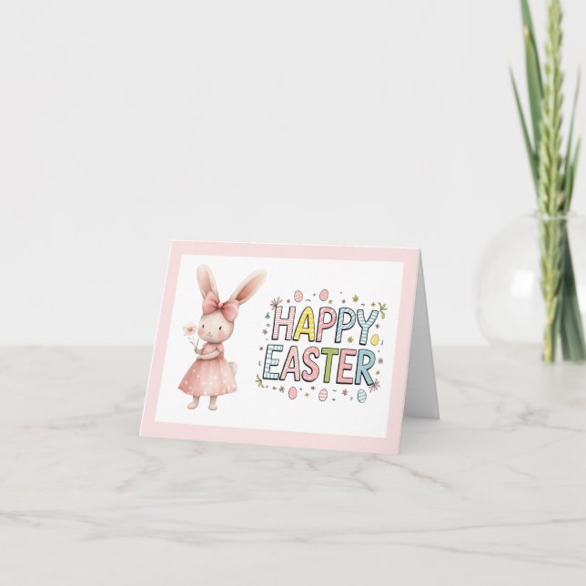 Happy Easter Pink Bunny Folded Greeting Card (Front)