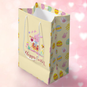 Happy Easter Pink Bunny Garden Egg Hunting Yellow Medium Gift Bag