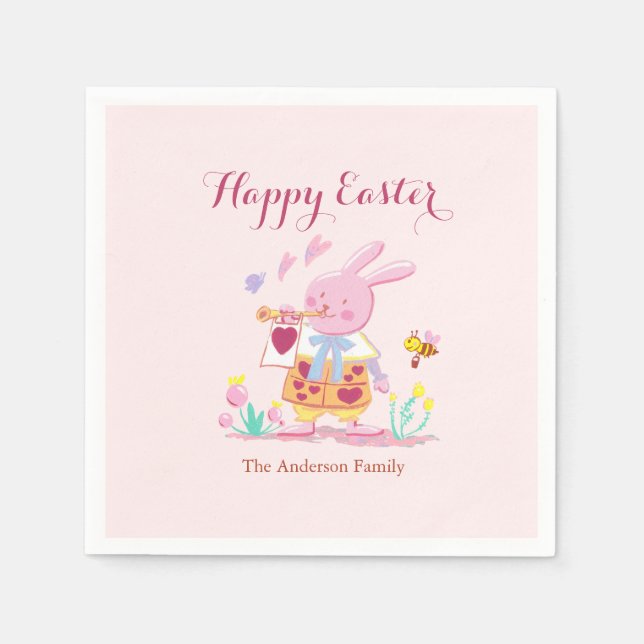 Happy Easter Pink Bunny in Garden Baby Pink Napkin (Front)