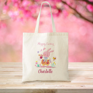 Happy Easter Pink Bunny Personalised Egg Hunting Tote Bag