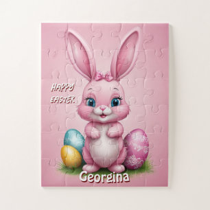 Happy Easter Pink Easter Bunny Personalised  Jigsaw Puzzle