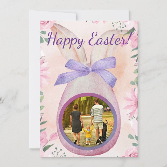 Happy Easter pink egg with bow insert photo Invitation (Front)