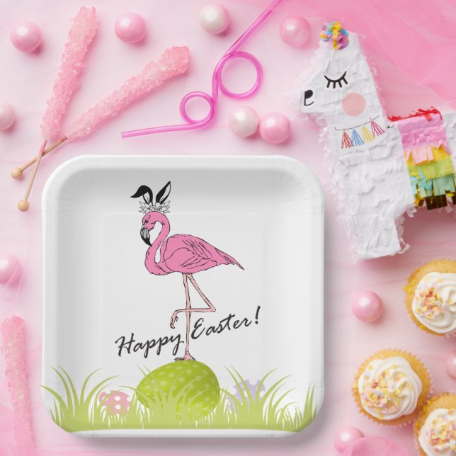 Happy Easter Pink Flamingo Bunny Ears and Eggs  Paper Plate (Party)