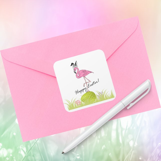 Happy Easter Pink Flamingo Bunny Ears and Eggs  Square Sticker (Creator Uploaded)