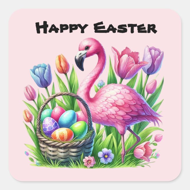 Happy Easter pink flamingo Holiday Square Sticker (Front)