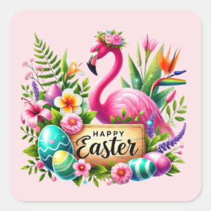 Happy Easter pink flamingo Holiday  Square Sticker