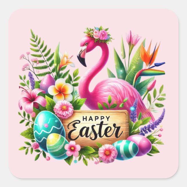 Happy Easter pink flamingo Holiday  Square Sticker (Front)