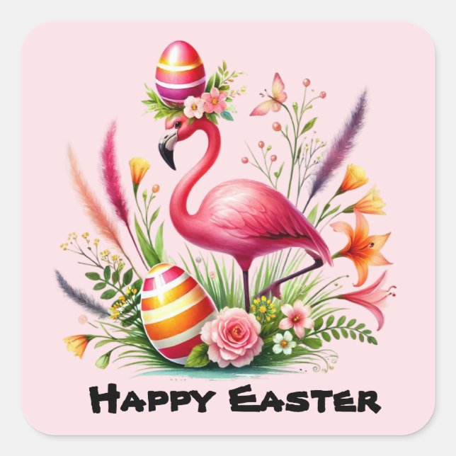 Happy Easter pink flamingo Holiday Square Sticker (Front)