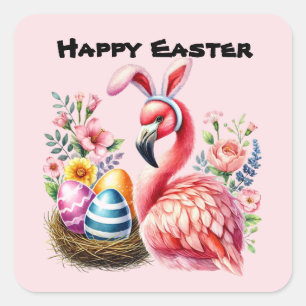 Happy Easter pink flamingo Holiday Square Sticker