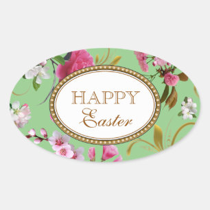 Happy Easter Pink Flowers Oval Sticker