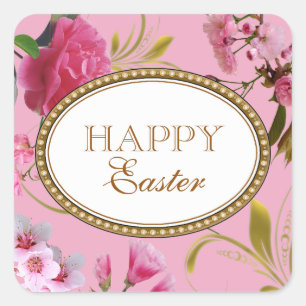 Happy Easter Pink Flowers Square Sticker