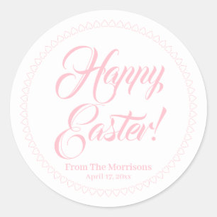 Happy Easter pink hearts border custom script Classic Round Sticker