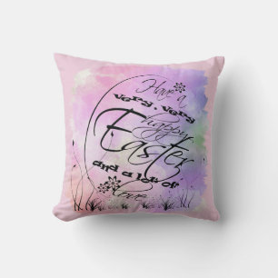 Happy Easter Pink Purple Calligraphy Illustration Cushion