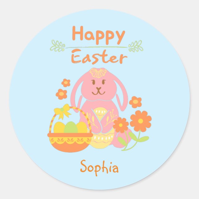 Happy Easter Pink Rabbit and Flowers   Classic Rou Round Sticker (Front)