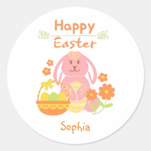 Happy Easter Pink Rabbit and Flowers Classic Roun Round Sticker